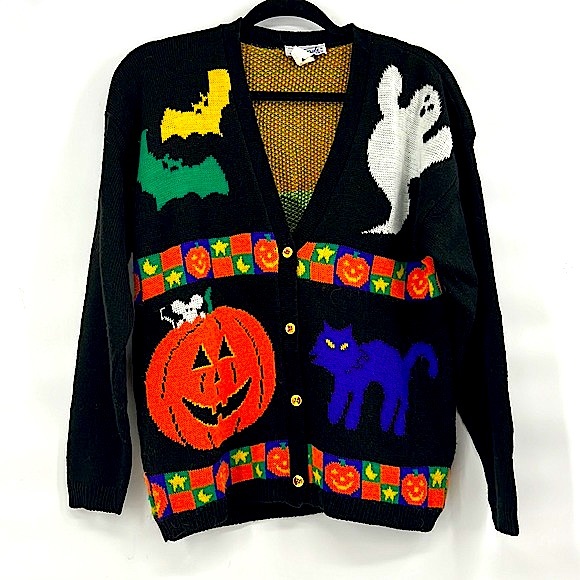Vintage Sweaters - Vintage 90s Halloween cardigan size medium pumpkin ghost